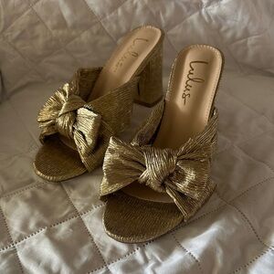 Lulu's Metallic Gold Knot Bow Block Heel Mules
